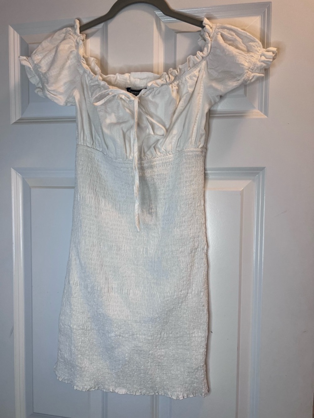 In the Beginning Smocked Off-Shoulder Mini Dress in White! Resort Wear! S